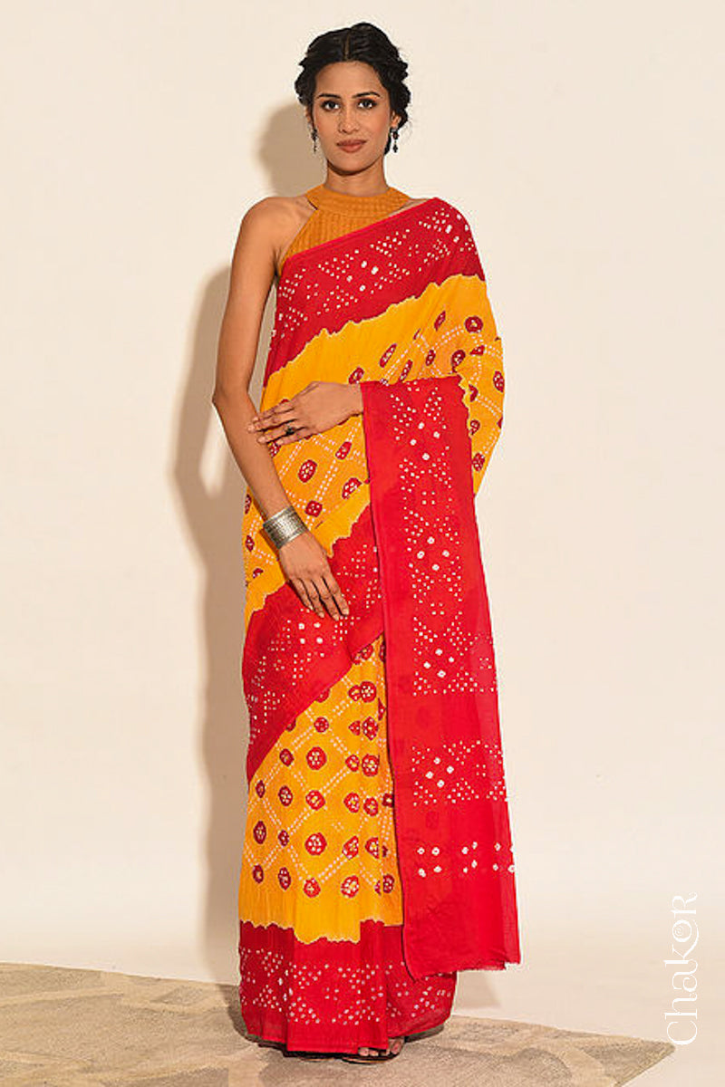 Traditional Yellow Red Bandhani Mul Cotton Saree by Chakor.