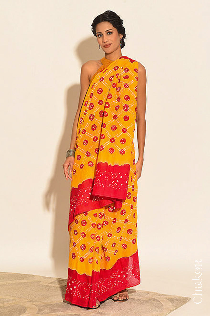 Traditional Yellow Red Bandhani Mul Cotton Saree by Chakor.
