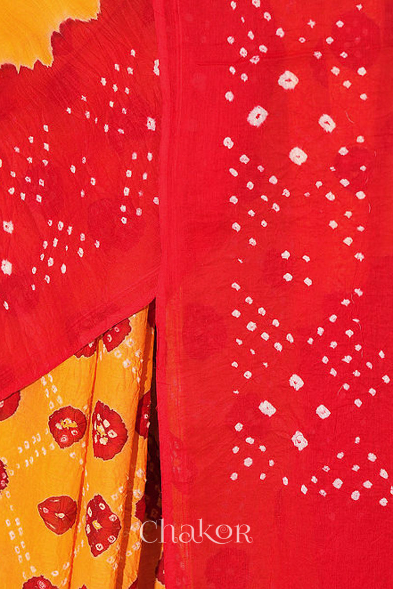 Traditional Yellow Red Bandhani Mul Cotton Saree by Chakor.