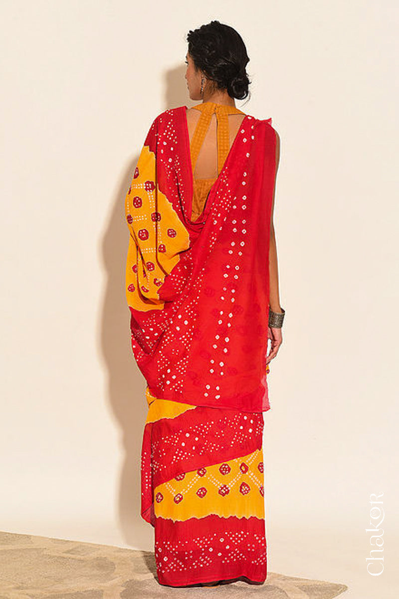 Traditional Yellow Red Bandhani Mul Cotton Saree by Chakor.