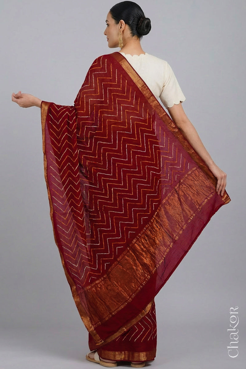 Deep Red Bandhani Handloom Mangalgiri Cotton Saree