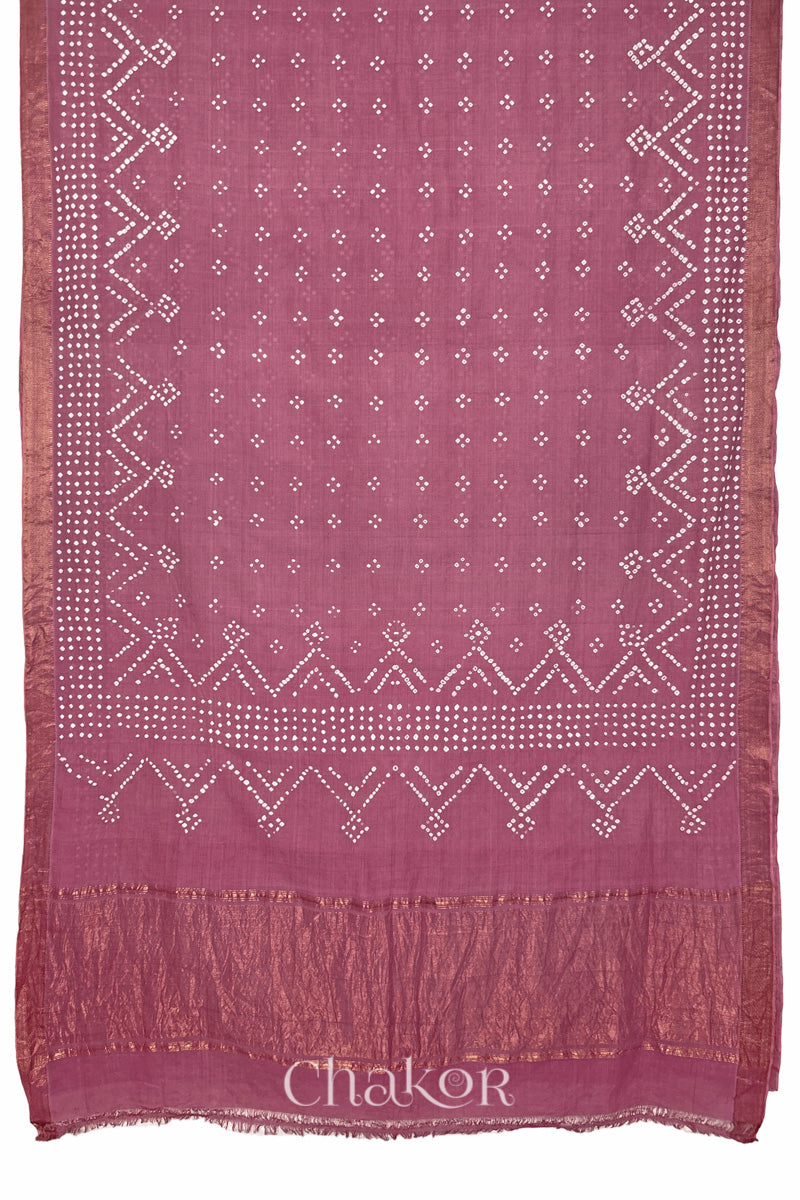 Old rose saree, flat draped with Rai Bandhej traditional design against white background and 'Chakor' watermark.
