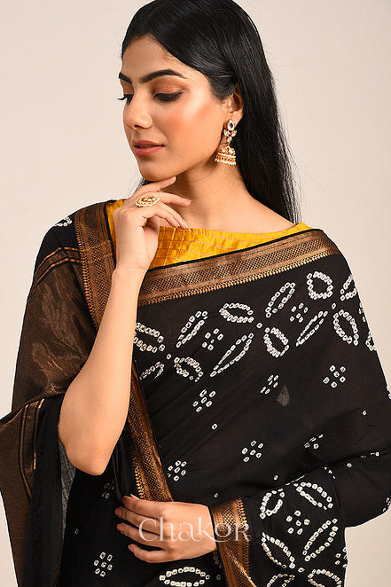 Black Bandhani Mangalgiri Cotton Saree with zari border and pallu by Chakor.
