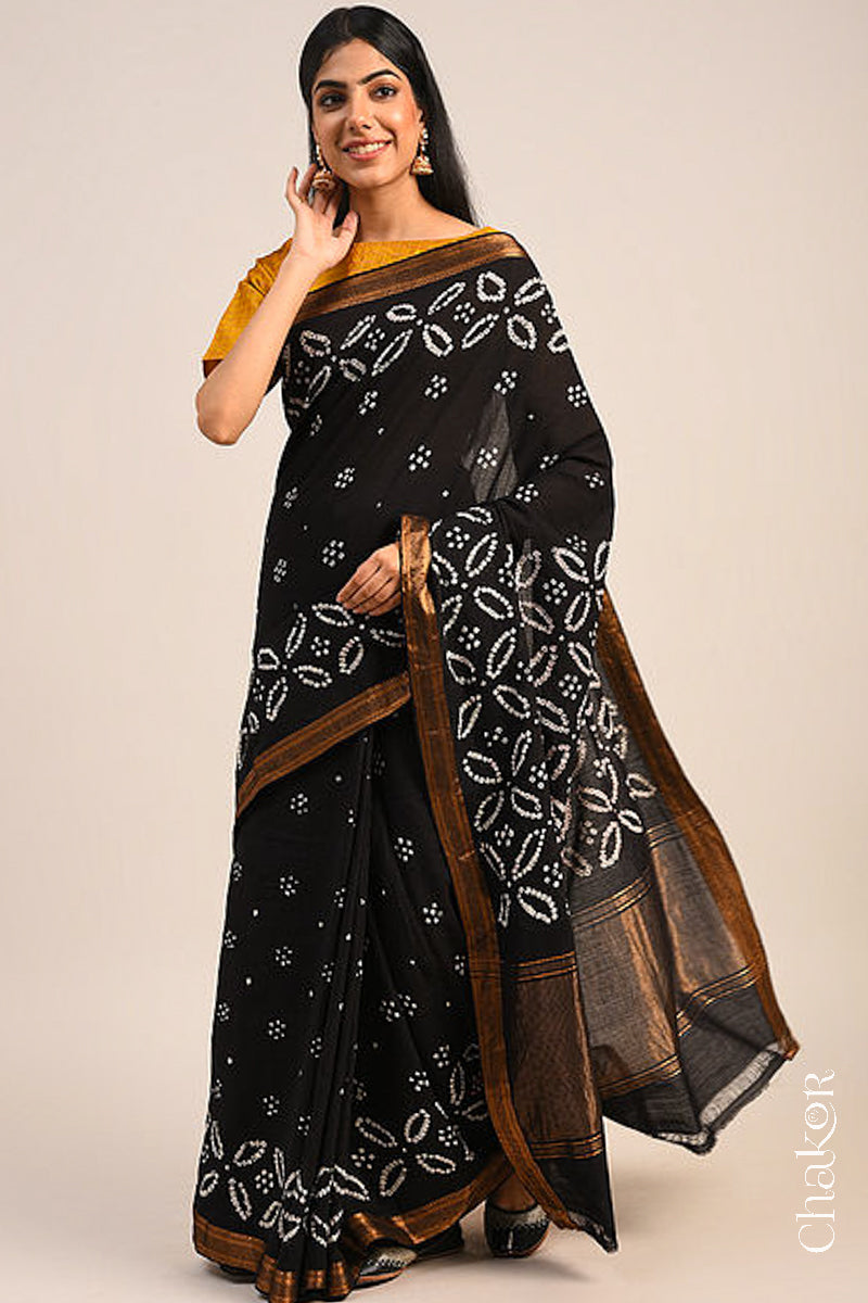 Black Bandhani Mangalgiri Cotton Saree with zari border and pallu by Chakor.