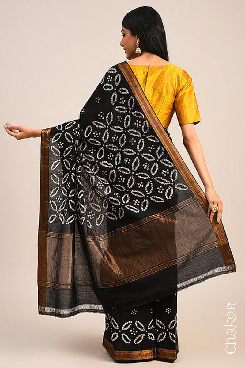 Black Bandhani Mangalgiri Cotton Saree with zari border and pallu by Chakor.
