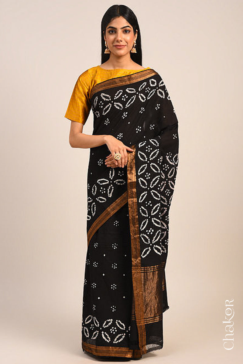 Black Bandhani Mangalgiri Cotton Saree with zari border and pallu by Chakor.