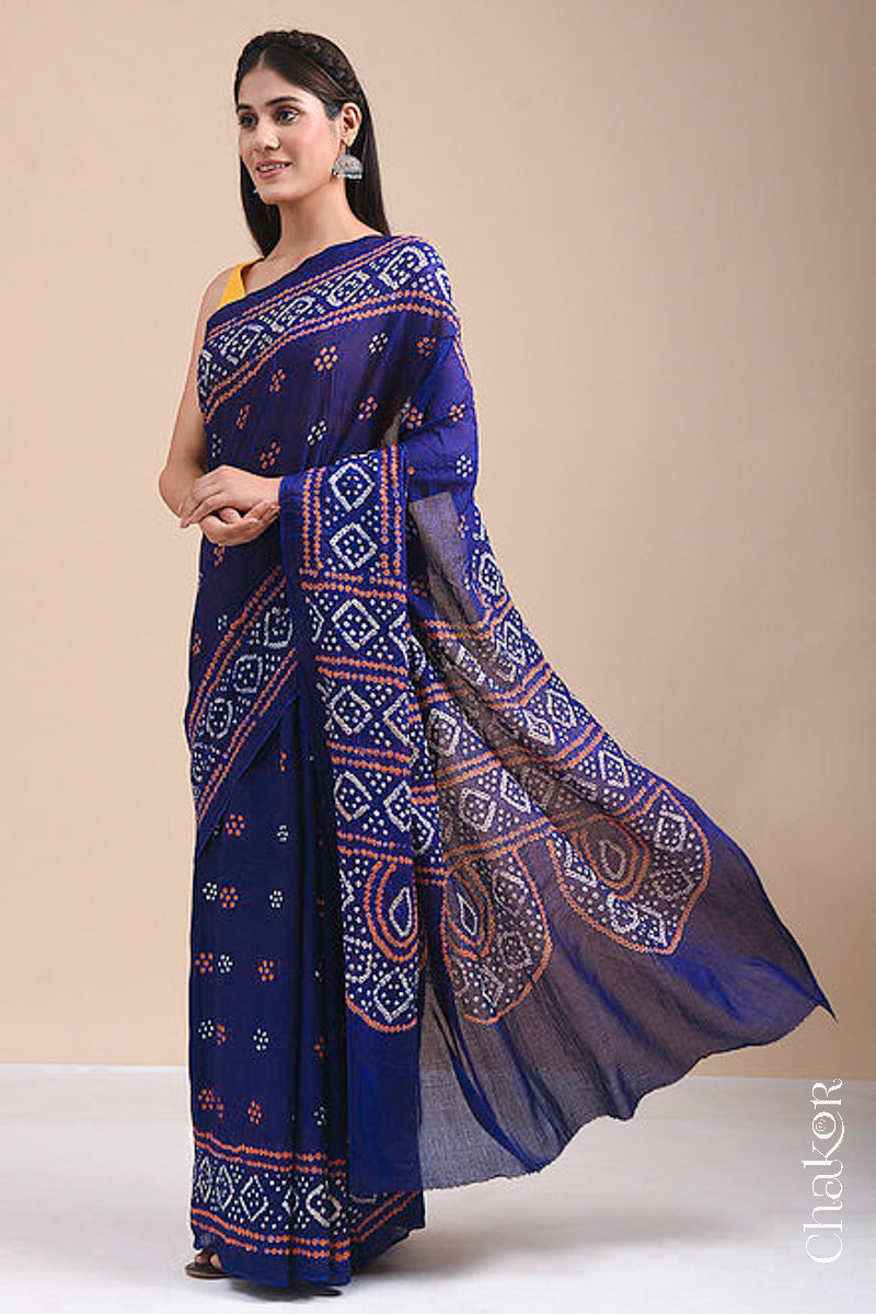 Traditional Navy Bandhani Mul Cotton Saree by Chakor.