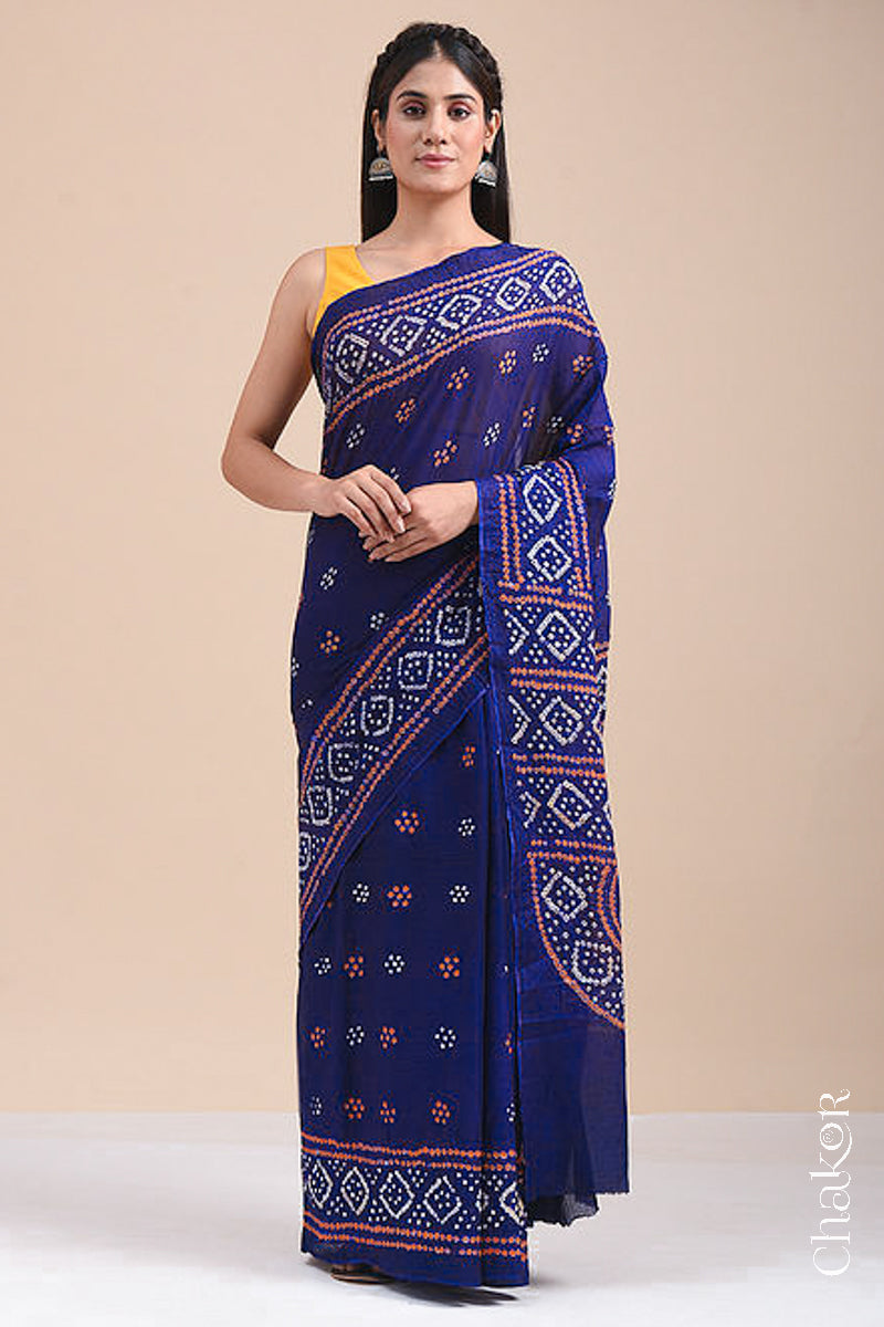 Traditional Navy Bandhani Mul Cotton Saree by Chakor.