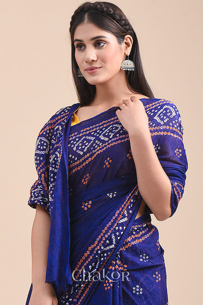 Traditional Navy Bandhani Mul Cotton Saree by Chakor.