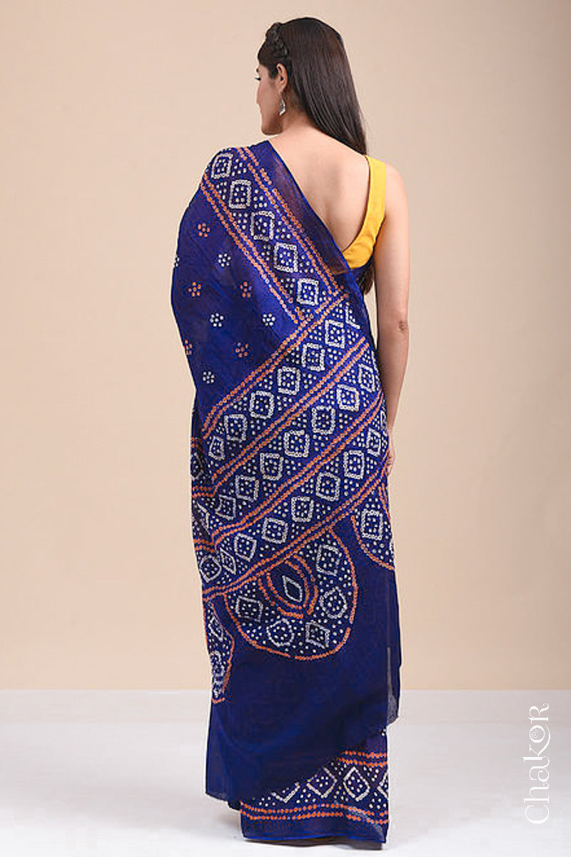 Traditional Navy Bandhani Mul Cotton Saree by Chakor.