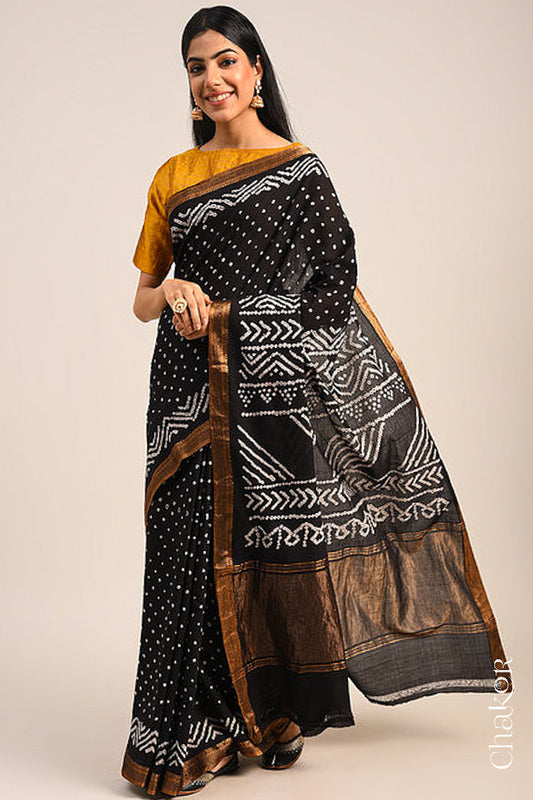 Black Bandhani Mangalgiri Cotton Saree with zari border and pallu by Chakor.