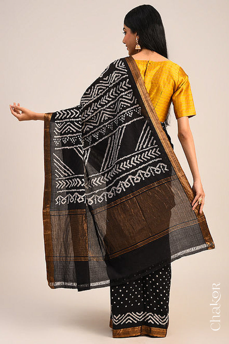Black Bandhani Mangalgiri Cotton Saree with zari border and pallu by Chakor.