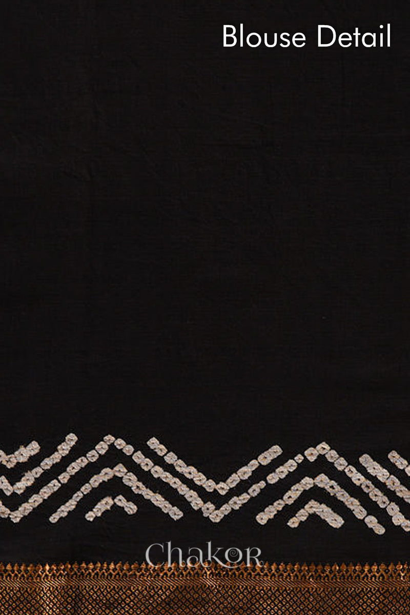 Black Bandhani Mangalgiri Cotton Saree with zari border and pallu by Chakor.
