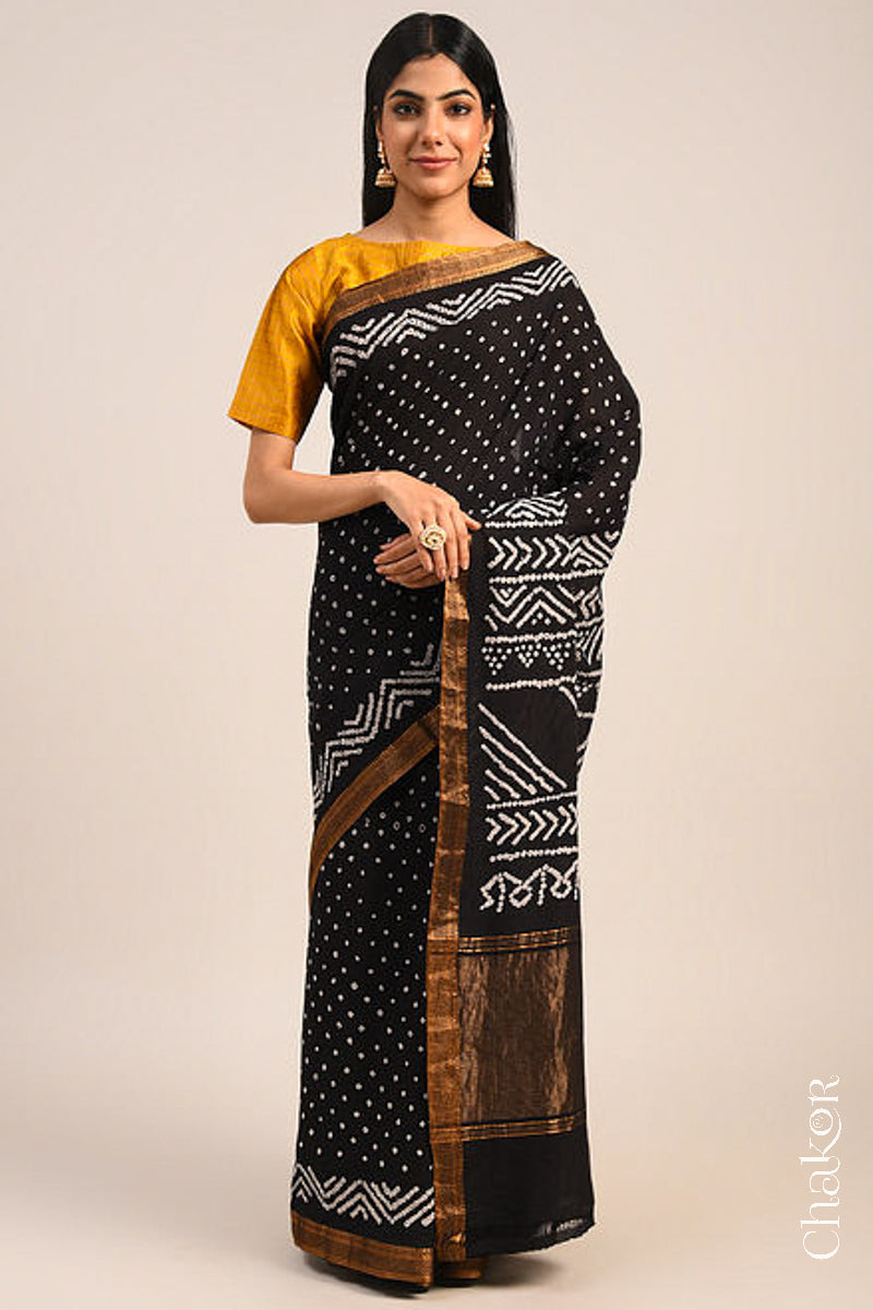 Black Bandhani Mangalgiri Cotton Saree with zari border and pallu by Chakor.