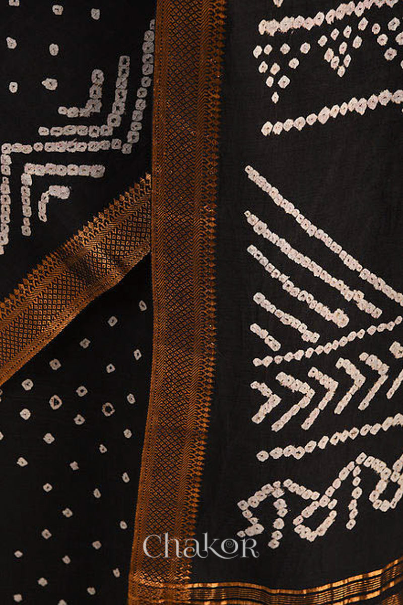 Black Bandhani Mangalgiri Cotton Saree with zari border and pallu by Chakor.
