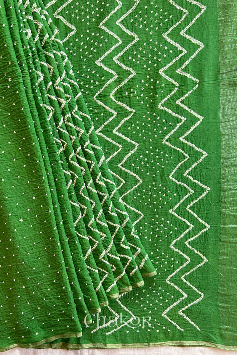 Mehendi Green Bandhani Khadi Cotton Saree for Women's clothing online by Chakor.