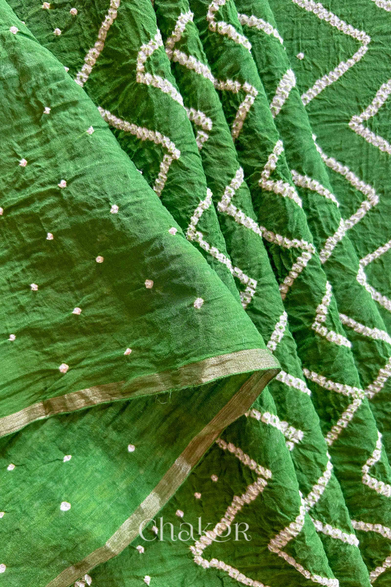 Mehendi Green Bandhani Khadi Cotton Saree for Women's clothing online by Chakor.