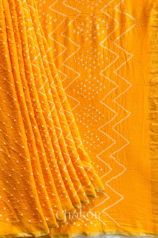 Yellow Bandhani Khadi Cotton Saree for Women's clothing online by Chakor.