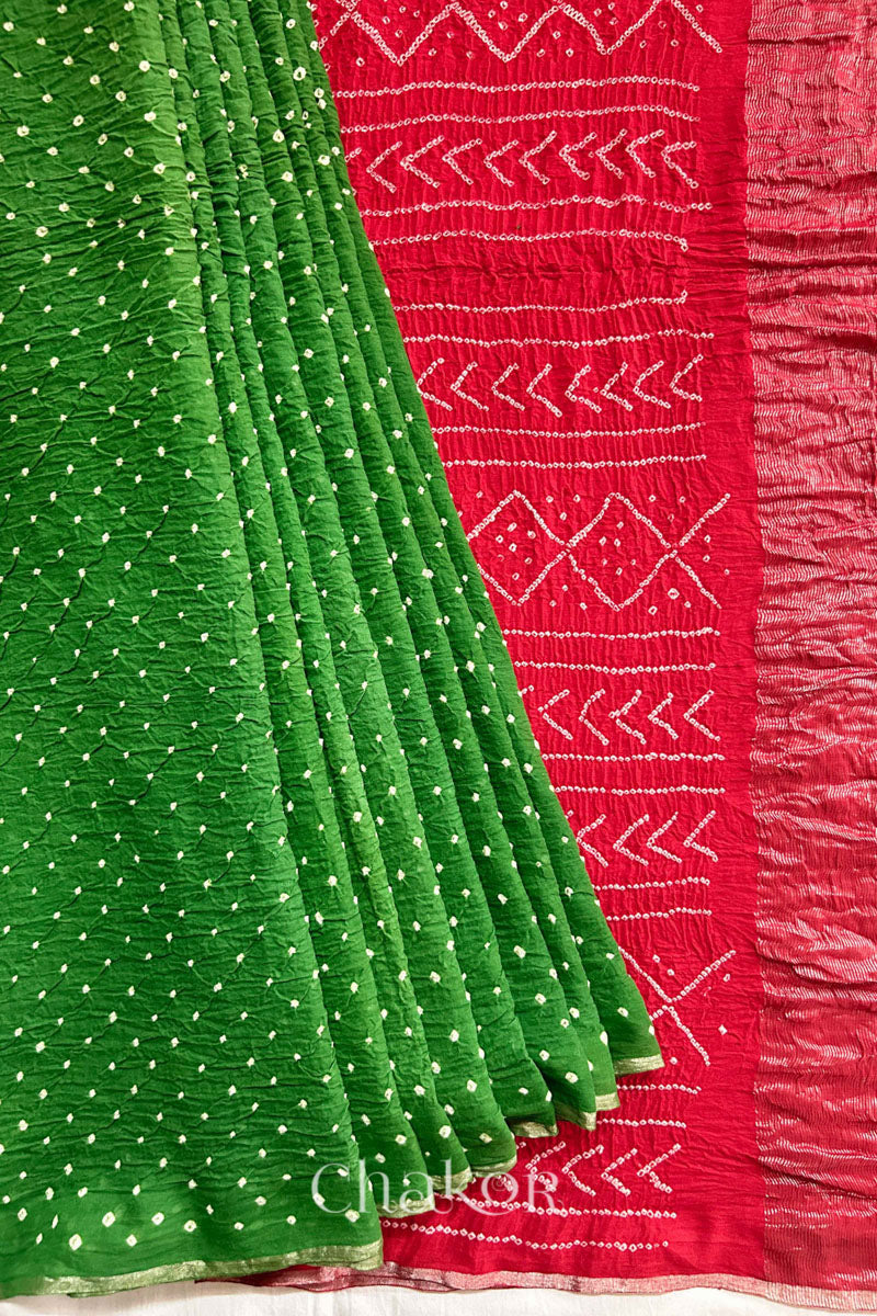 Mehendi Red Bandhani Khadi Cotton Saree for Women's clothing online by Chakor.