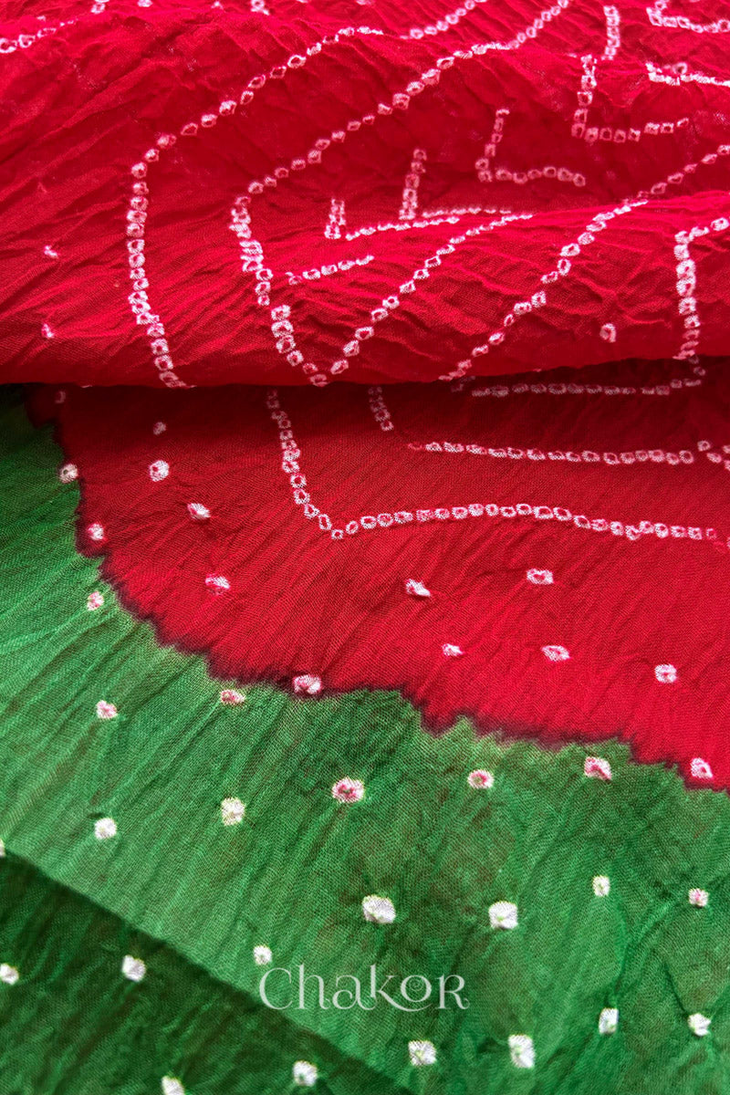 Mehendi Red Bandhani Khadi Cotton Saree for Women's clothing online by Chakor.