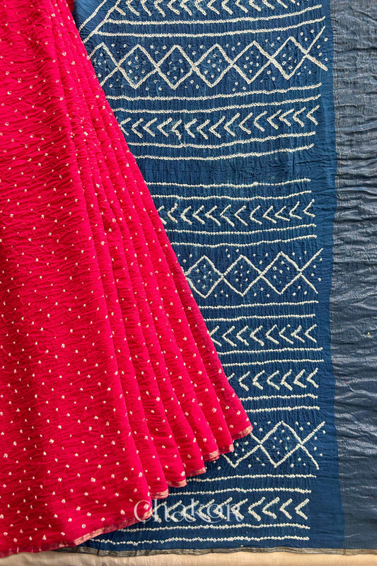 Strawberry Pink Indigo Bandhani Khadi Cotton Saree for Women's clothing online by Chakor.