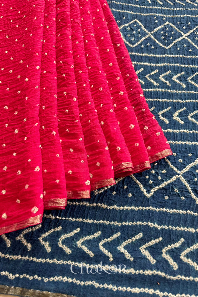 Strawberry Pink Indigo Bandhani Khadi Cotton Saree for Women's clothing online by Chakor.
