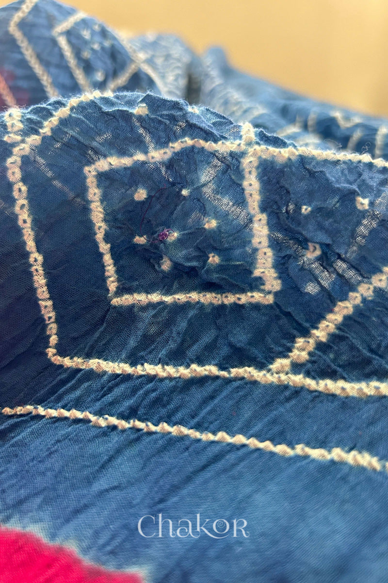 Strawberry Pink Indigo Bandhani Khadi Cotton Saree for Women's clothing online by Chakor.