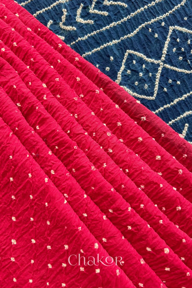 Strawberry Pink Indigo Bandhani Khadi Cotton Saree for Women's clothing online by Chakor.