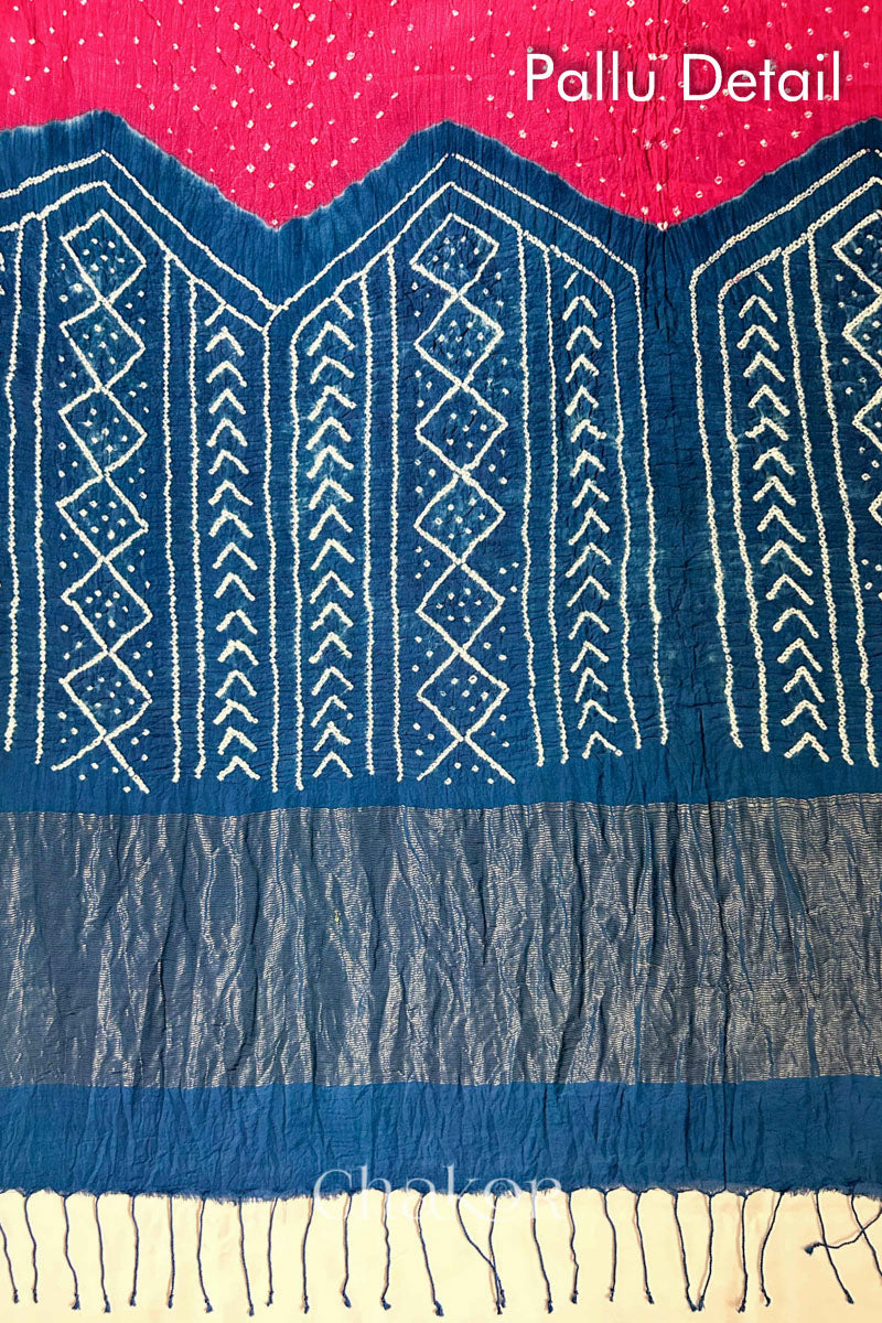 Strawberry Pink Indigo Bandhani Khadi Cotton Saree for Women's clothing online by Chakor.