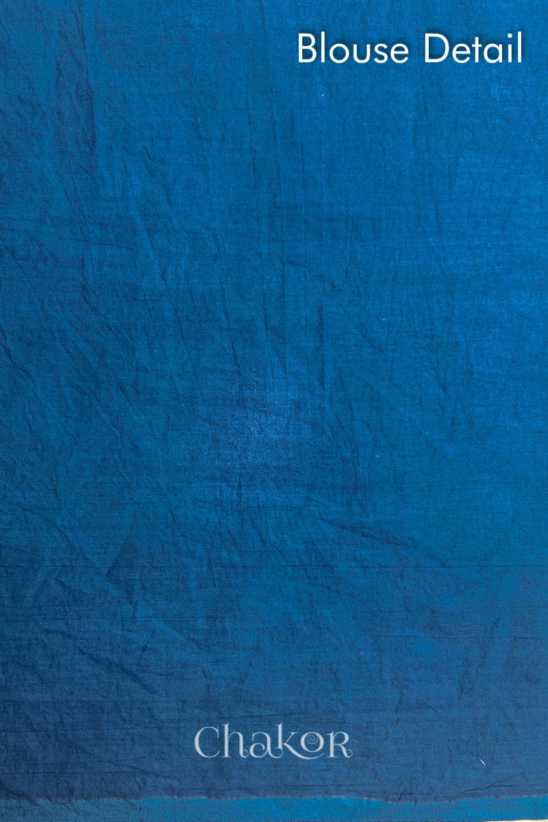 Detail of blouse material of Indigo Blue Bandhani Mul Cotton Saree.