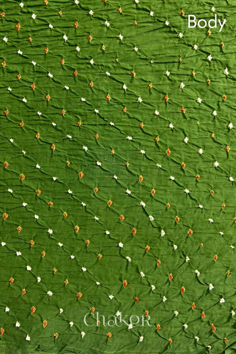 Body detail of Mehendi Green and Purple Bandhani Mul Cotton Saree featuring multicoloured bandhej patterns.