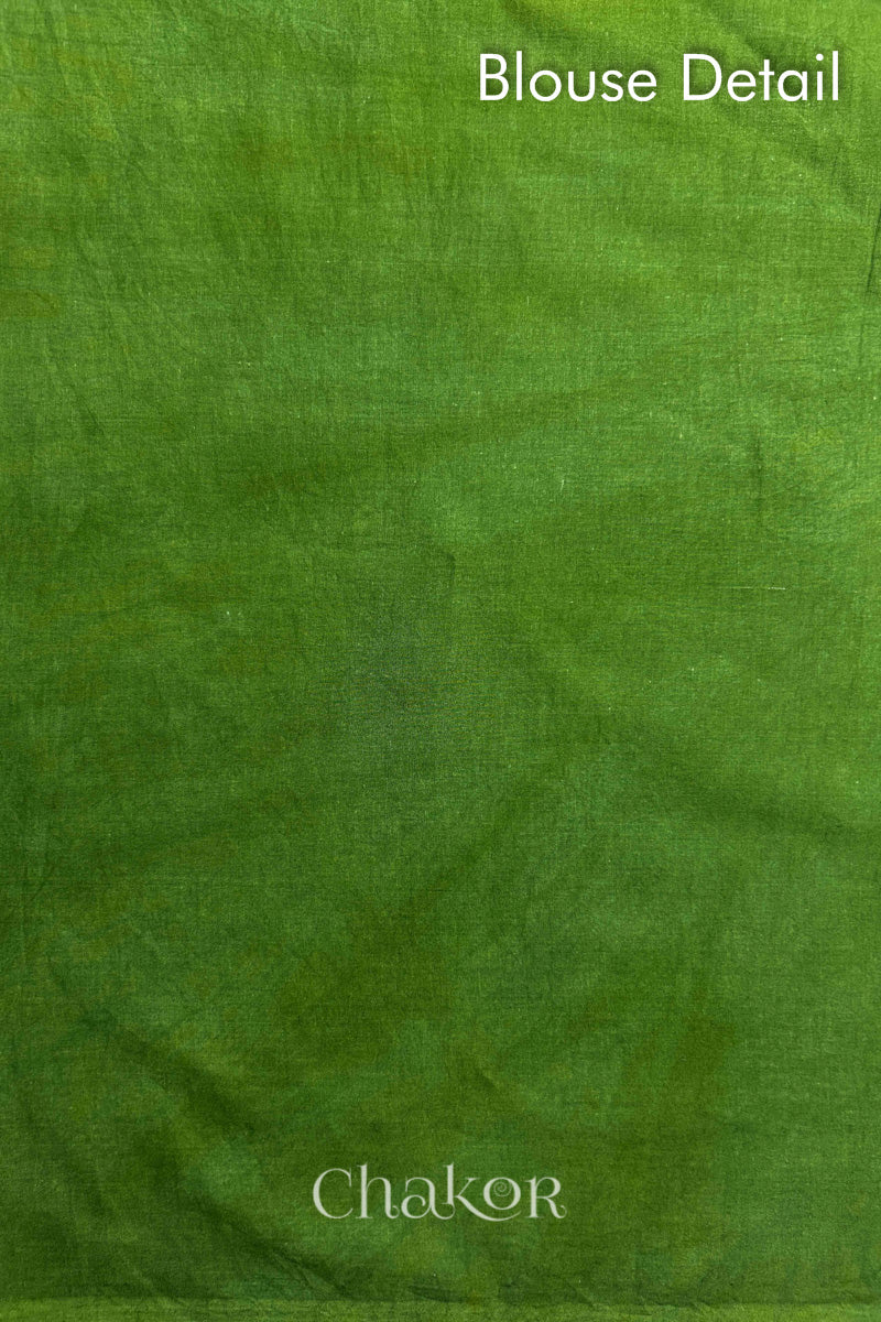Blouse fabric detail of Mehendi Green and Purple Bandhani Mul Cotton Saree featuring multicoloured bandhej patterns.