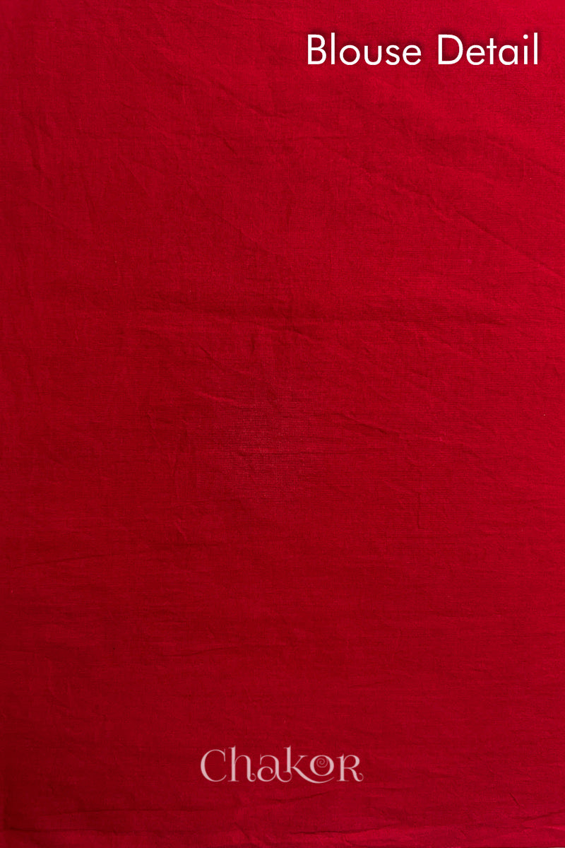 Blouse fabric detail of Red Black Bandhani Mul Cotton Saree.