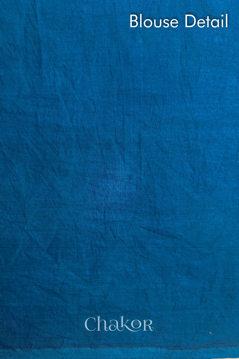 Blouse fabric deatail of Indigo and Black Bandhani Mul Cotton Saree.