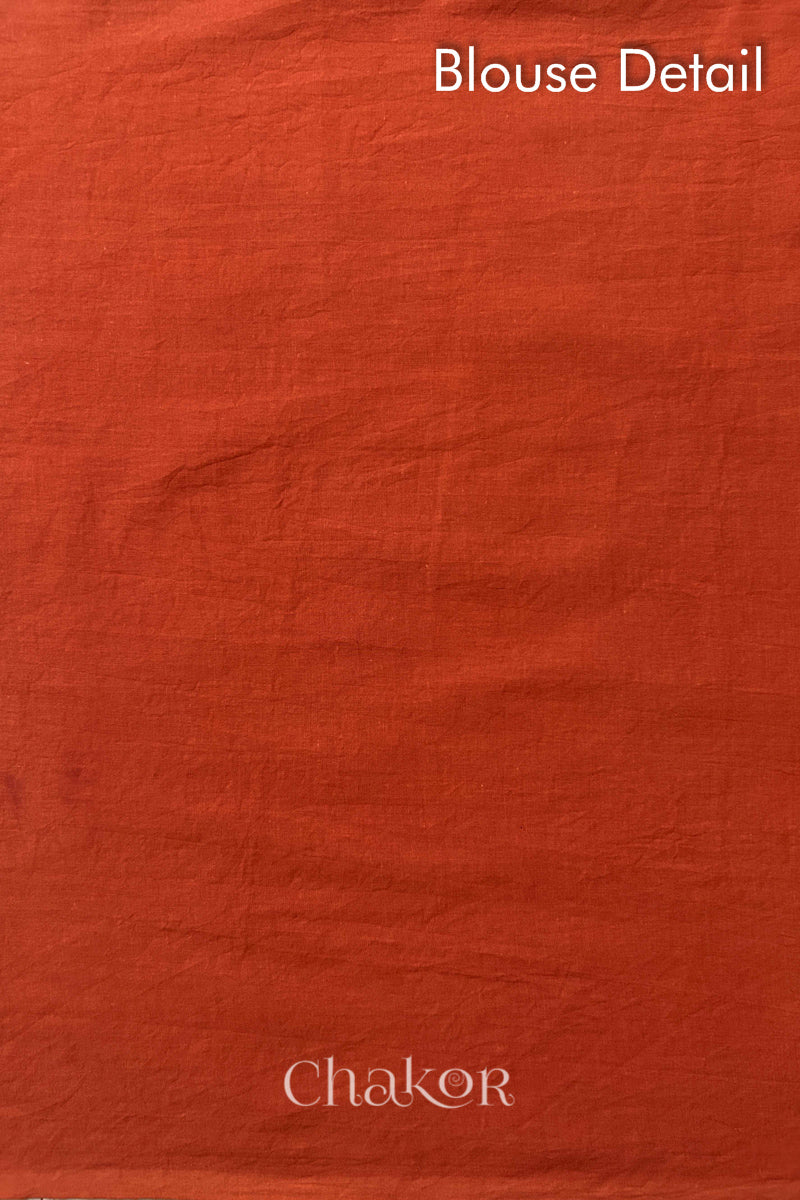 Blouse detail of Maroon Rust Bandhani Mul Cotton Saree.