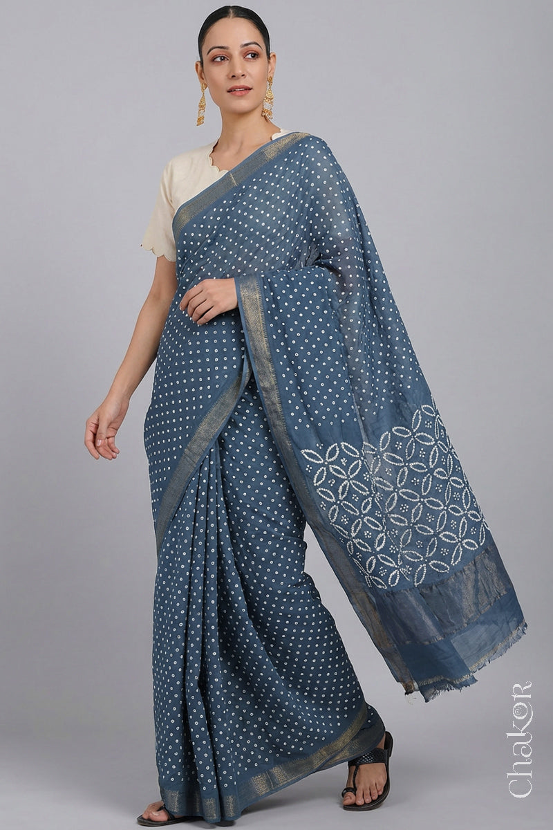 Woman wearing Gray Blue Bandhani Mangalagiri Handloom Cotton Saree, with handcrafted rai bandhej patterns using traditional tie-dye techniques.