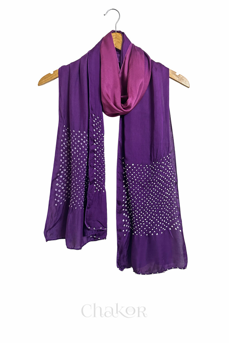 magenta & purple ombre bandhani  scarf with beads detailing on a hanger, brand 'Chakor' visible.