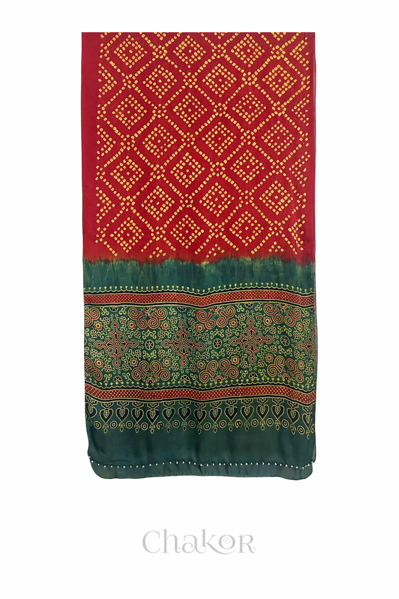  Red Bandhani modal stole with   Red Ajrakh pallu and traditional block print layout and glass bead edging.
