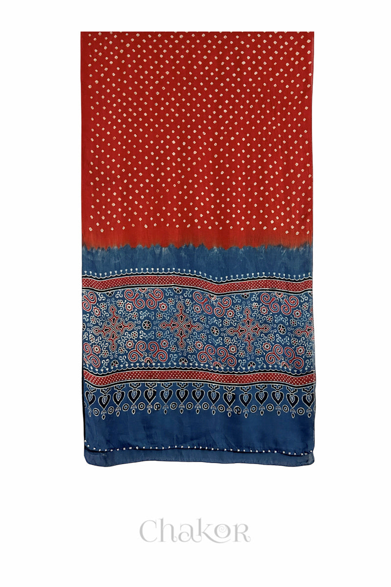  Red Bandhani modal stole with   Red Ajrakh pallu and traditional block print layout and glass bead edging.
