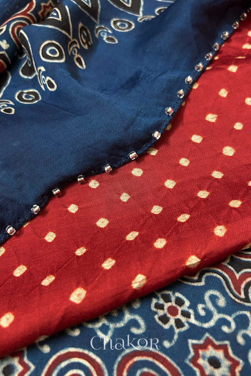  Red Bandhani and Indigo Ajrakh combination modal stole with glass bead edging detail on pallu end.
