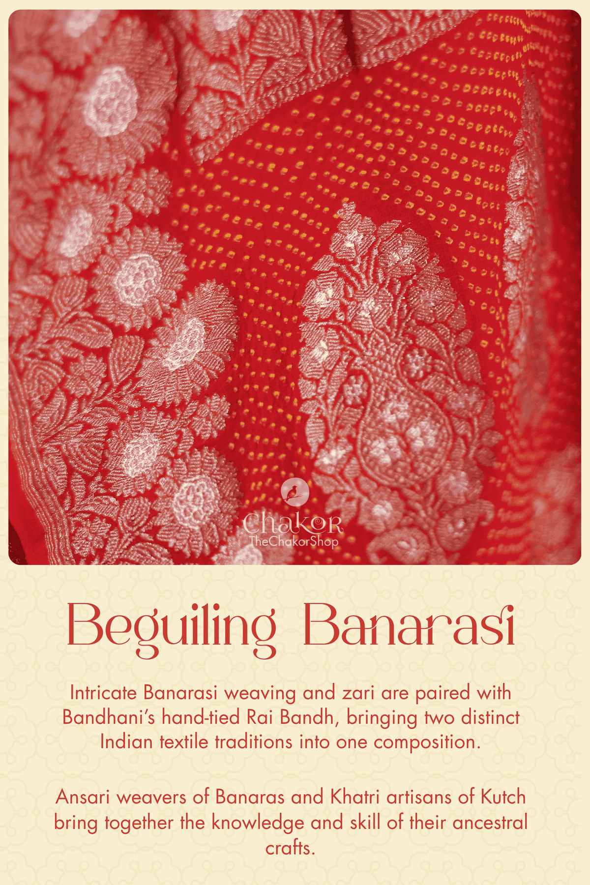 Close-up of Banarasi silk with intricate woven motifs and zari, paired with hand-tied Rai Bandh Bandhani from Kutch.