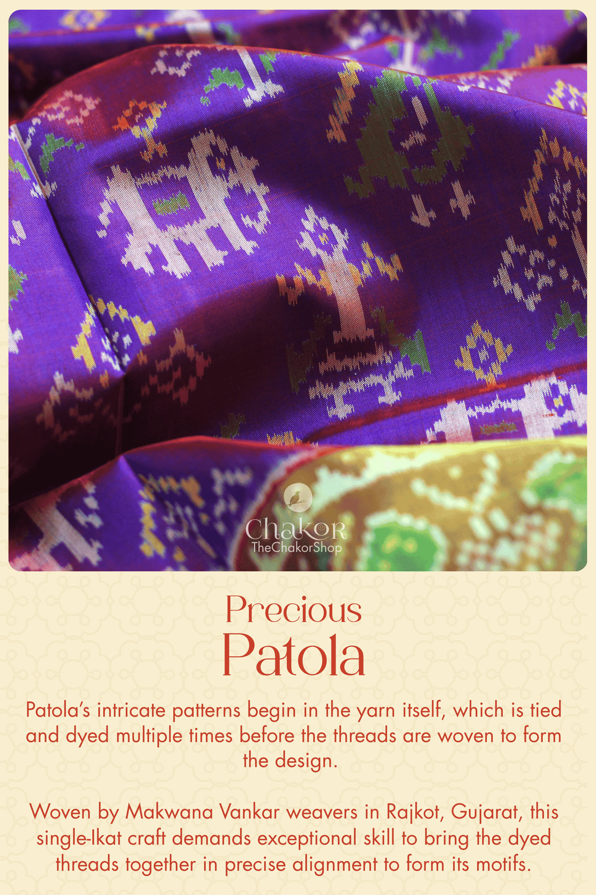 Close-up of purple Patola with intricate multicoloured single-Ikat motifs woven from precisely aligned dyed yarns.