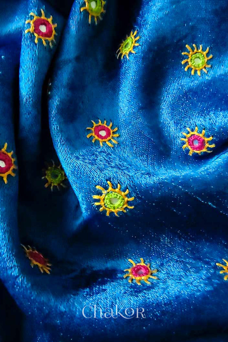 Blue Mashru Embroidered Blouse Fabric