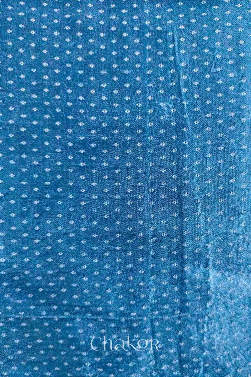 Close up of Handcrafted Blue grey Mashru Blouse Fabric with self woven design and silky texture.
