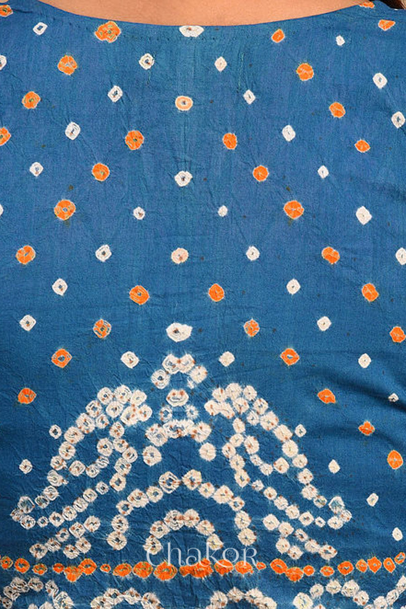 Woman wearing a handcrafted indigo blue bandhani cotton blouse with intricate parrot motifs and boria buttons on front.