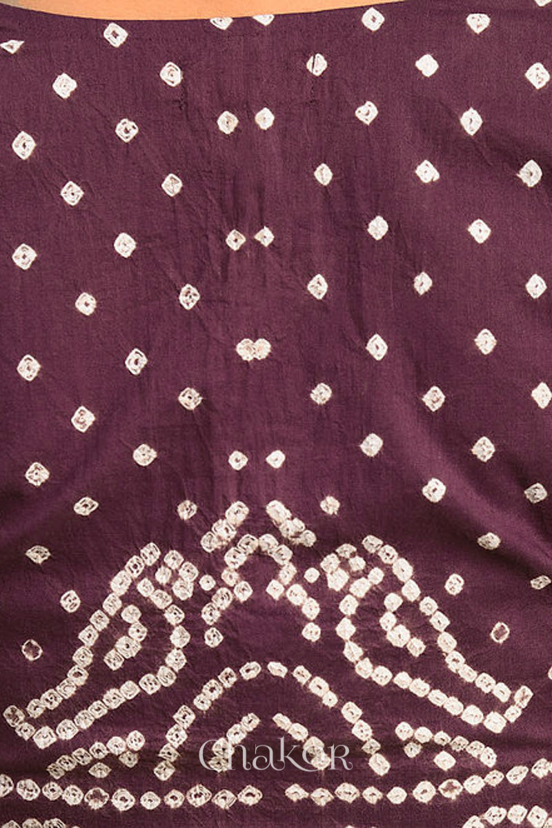 Woman wearing a handcrafted brown bandhani cotton blouse with intricate parrot motifs and boria buttons on front.