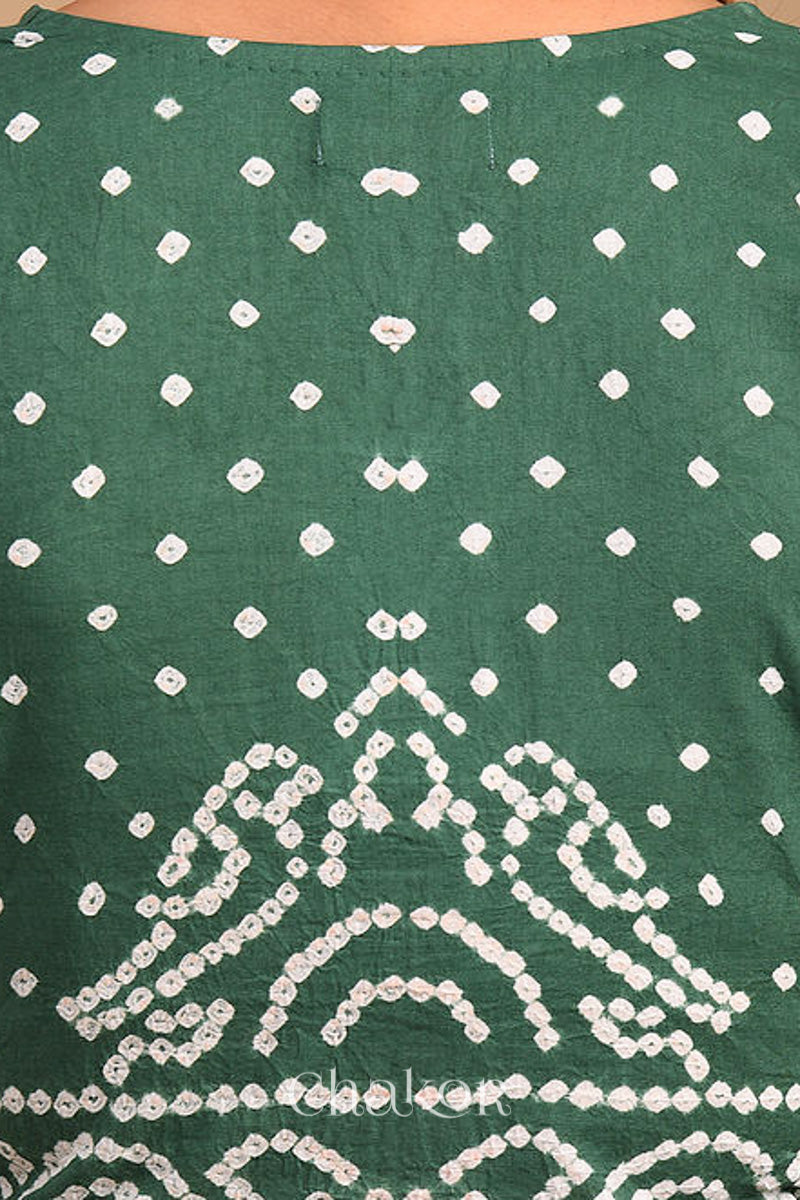 Woman wearing a handcrafted moss green bandhani cotton blouse with intricate parrot motifs and boria buttons on front.
