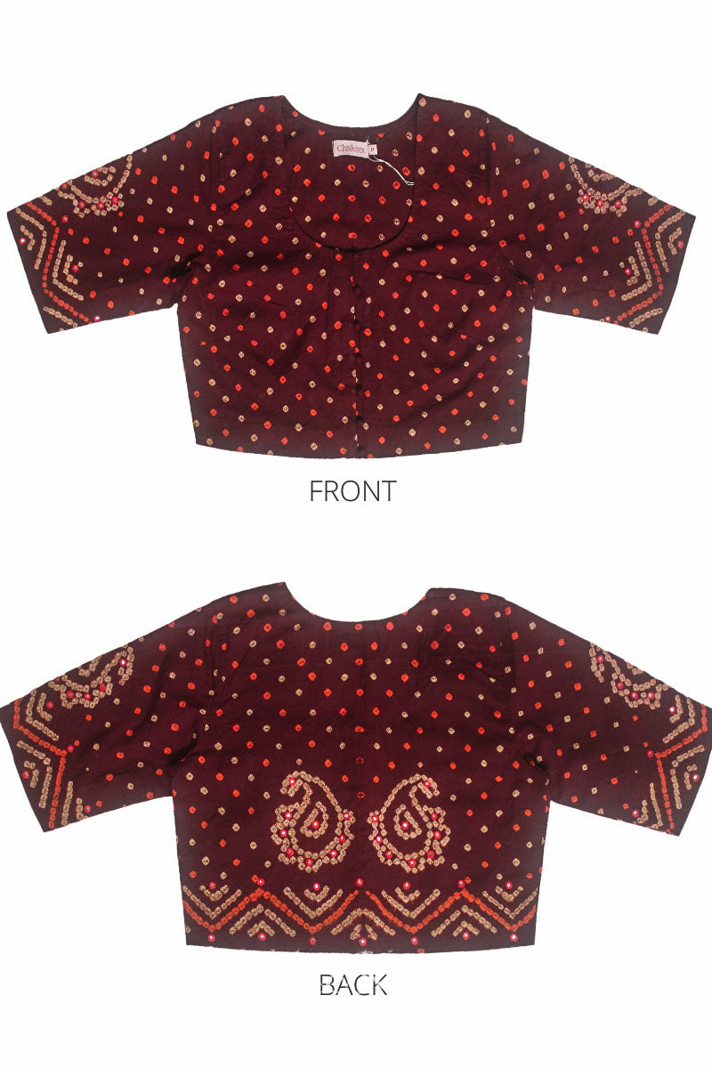 Flat front and back view of traditional Maroon Bandhani Cotton Blouse with intricate mirror embroidered Keri - Paisley motifs and boria fabric buttons.