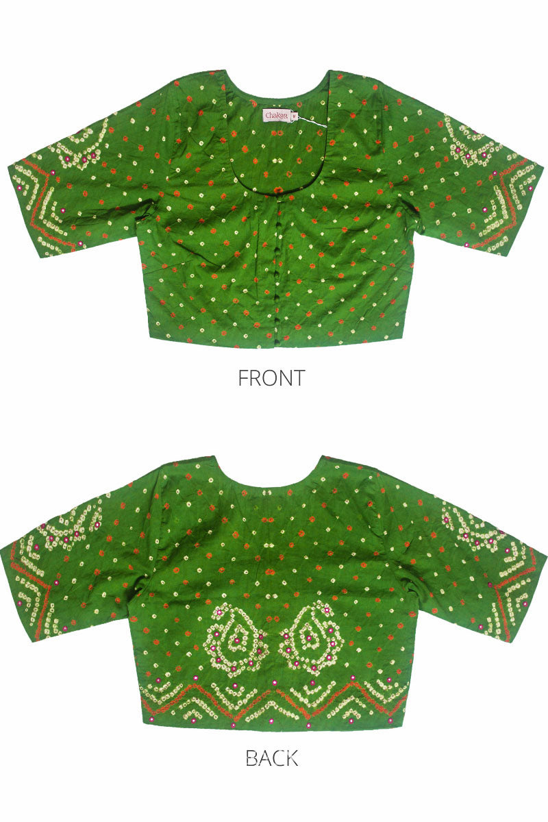 Flat front and back view of traditional Mehendi Green Bandhani Cotton Blouse with intricate mirror embroidered Keri - Paisley motifs and boria fabric buttons.