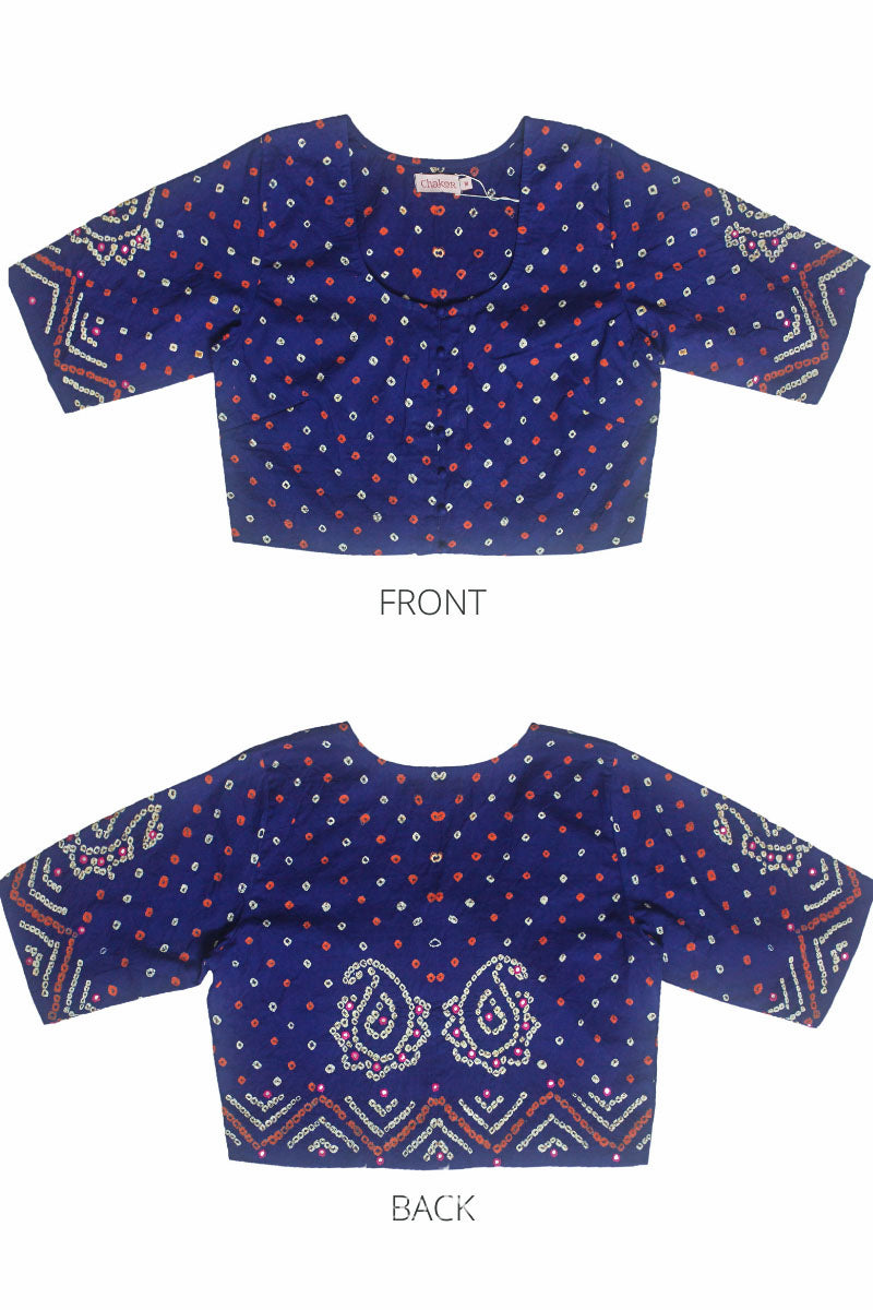 Flat front and back view of traditional Navy Blue Bandhani Cotton Blouse with intricate mirror embroidered Keri - Paisley motifs and boria fabric buttons.